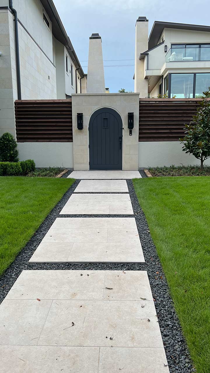 Custom walkway of travertine stone