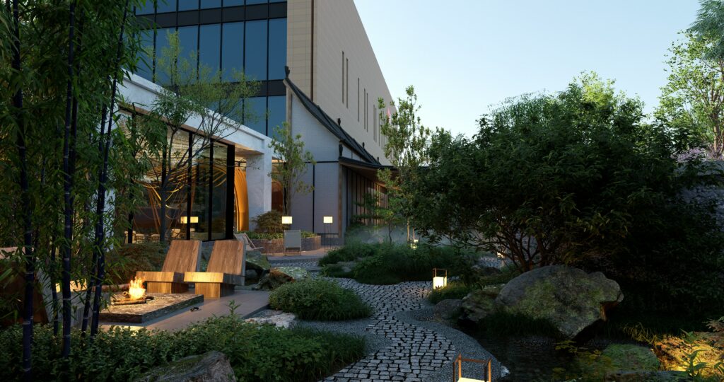 Curated landscape with outdoor lighting at twilight.